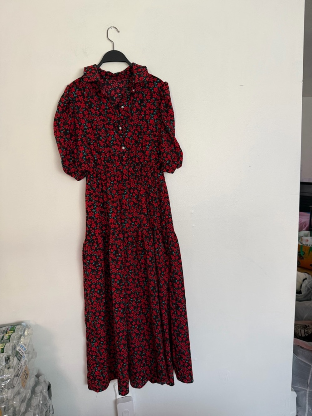 SHEIN Red Floral Button-Front Maxi Dress with Puff Sleeves